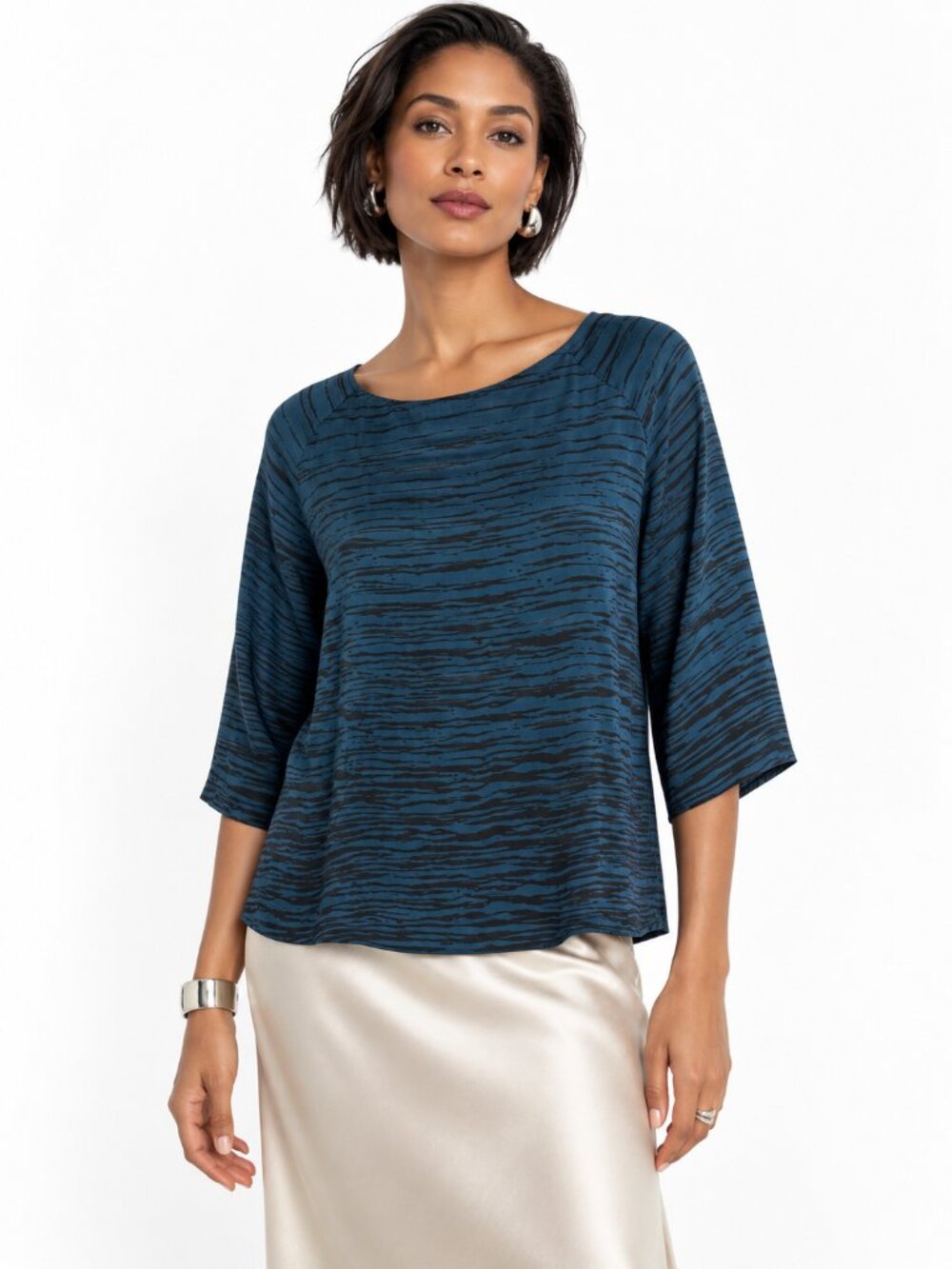 Vince Silk Blouse Blue Black Abstract Stripe Quiet Luxury Size S Minimalist